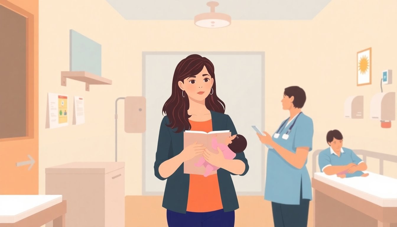 woman presenting a social initiative for mothers in a hospital maternity ward, nurses and infant care setting, Buenos Aires atmosphere, documentary style