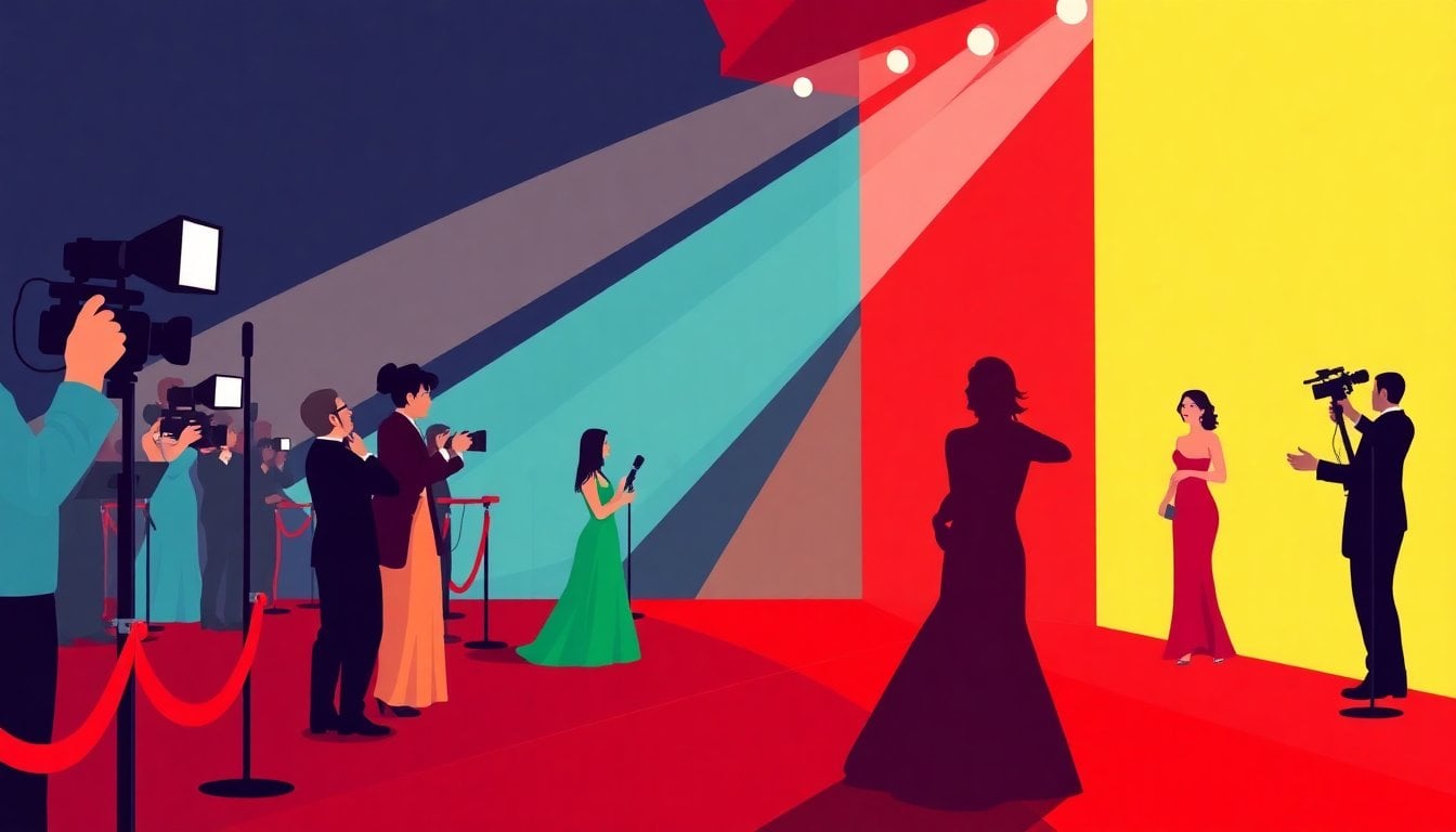 awards ceremony red carpet at Goldencenter de Parque Norte in Buenos Aires, flashing cameras, formal evening dresses, stage lights, no close-up faces