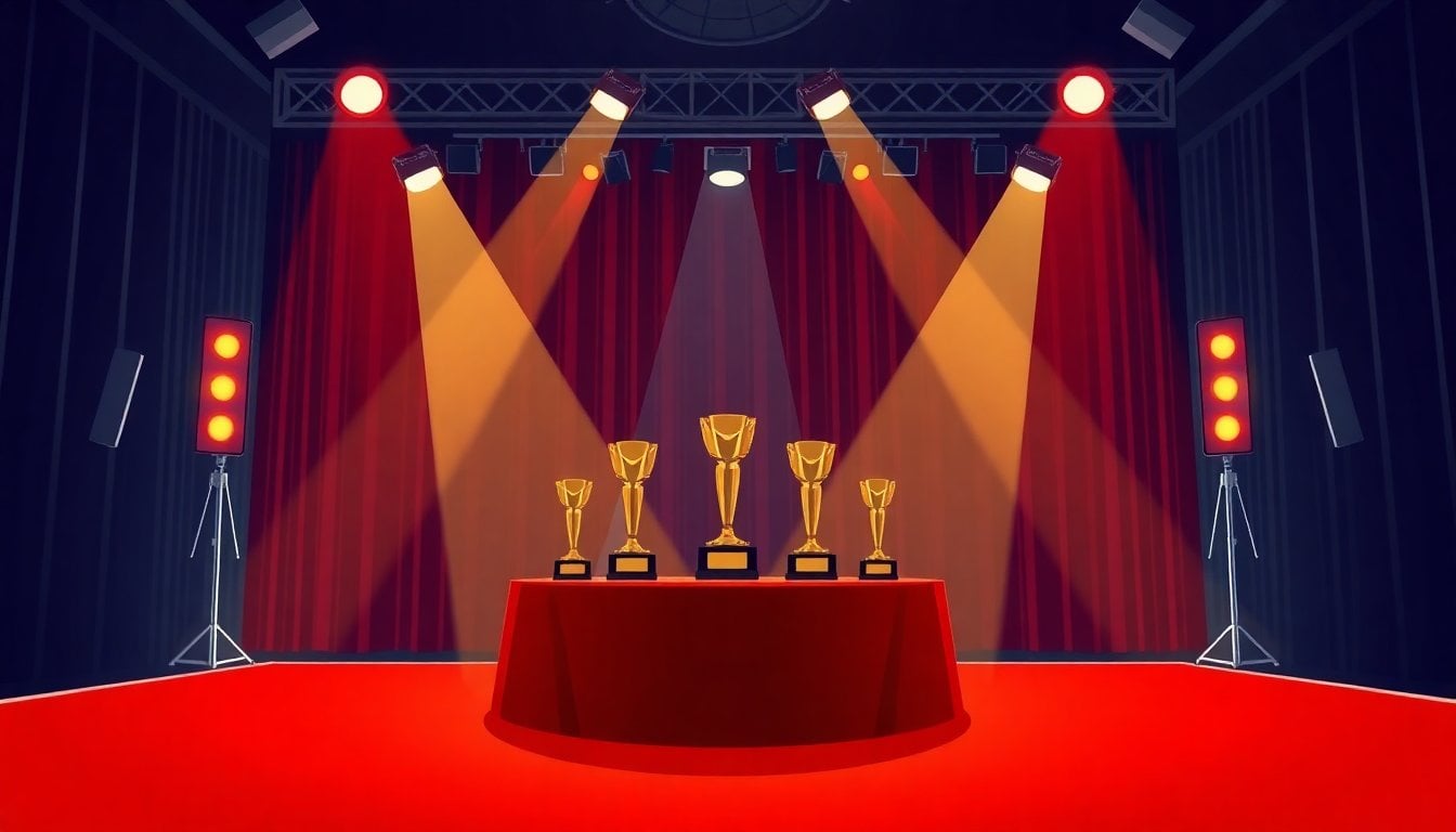 Martín Fierro trophies on a red carpet table inside a Buenos Aires ballroom, stage lights, music award ceremony setup, no people visible