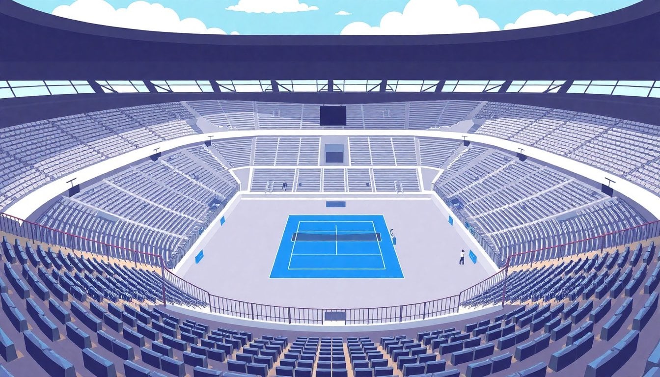 IGA Stadium Montreal tennis court aerial view, hard surface blue court, empty stands, Canadian sky
