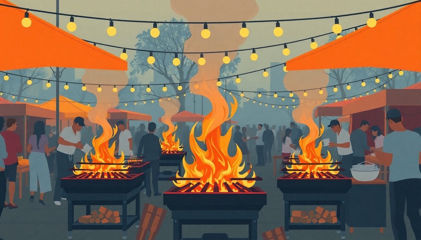 outdoor food festival with multiple open-flame grills, chefs cooking over fire, wooden market stalls, string lights, evening atmosphere in Buenos Aires