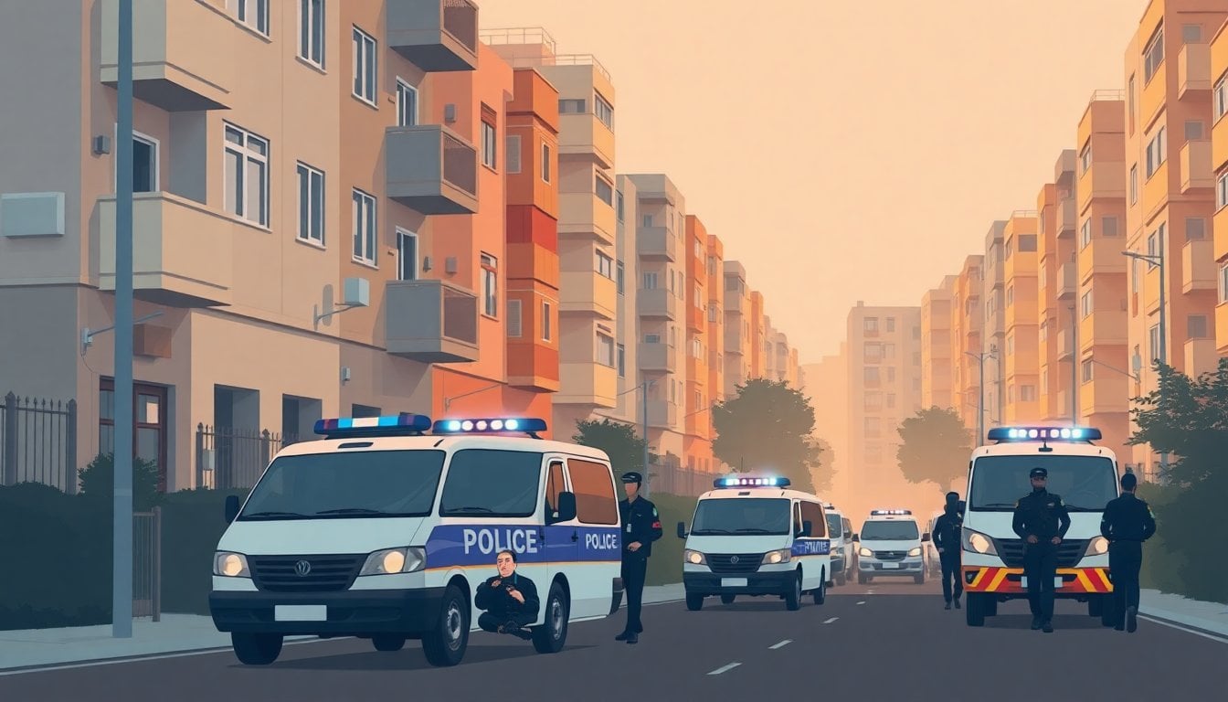police vehicles and officers outside densely packed housing blocks in Argentine urban neighborhood, early morning operation, no faces visible