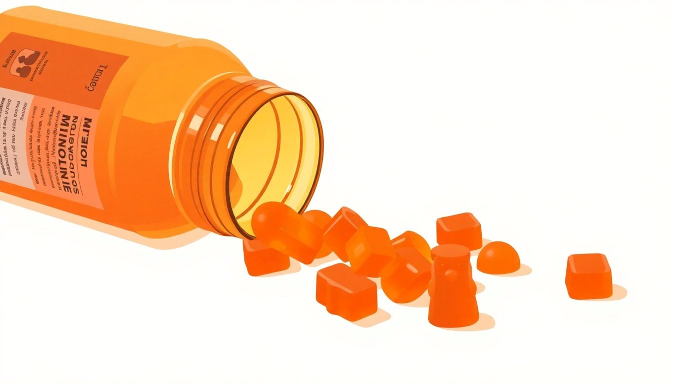 melatonin gummy bear supplements spilling from orange bottle on white surface, close-up, soft light, no people