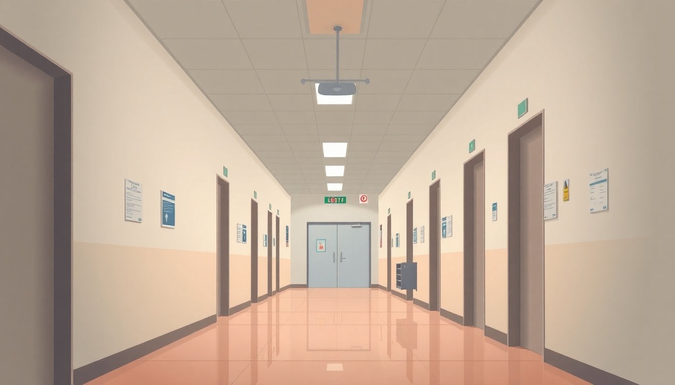 empty private hospital corridor in Mendoza, closed operating room doors, sterile medical signage, fluorescent lights, no people visible