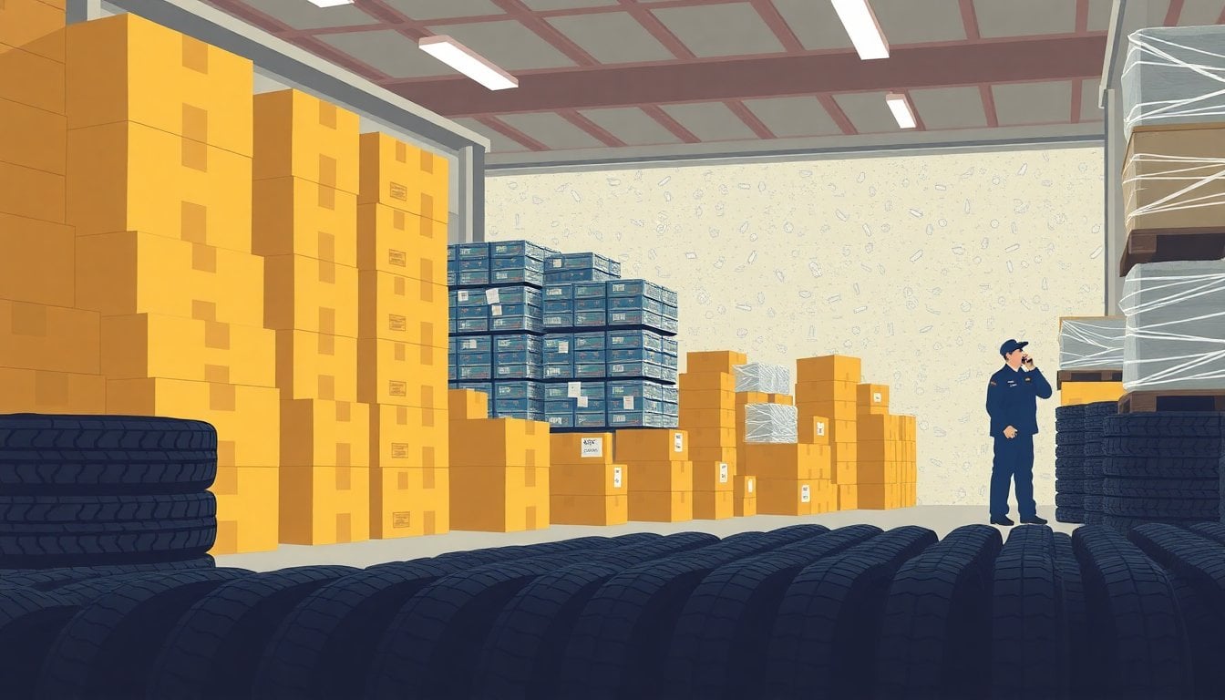 stacked boxes and confiscated goods in a warehouse, police operation, tires and shoes in rows, Argentine law enforcement storage facility