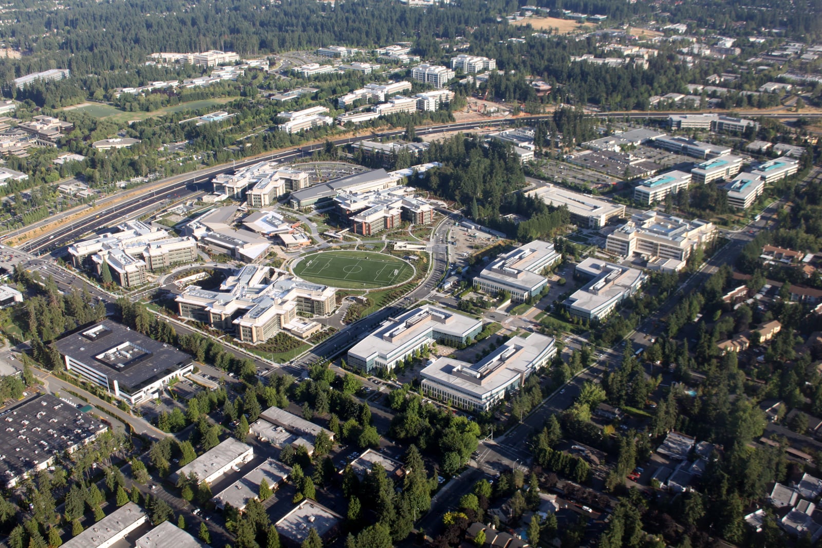 The west campus of Microsoft, Redmond, Washington, taken from about 1,500'. The photo is looking south-east. The west campus is bounded on the west by 148th Ave, on the east by SR 520, and on the nort