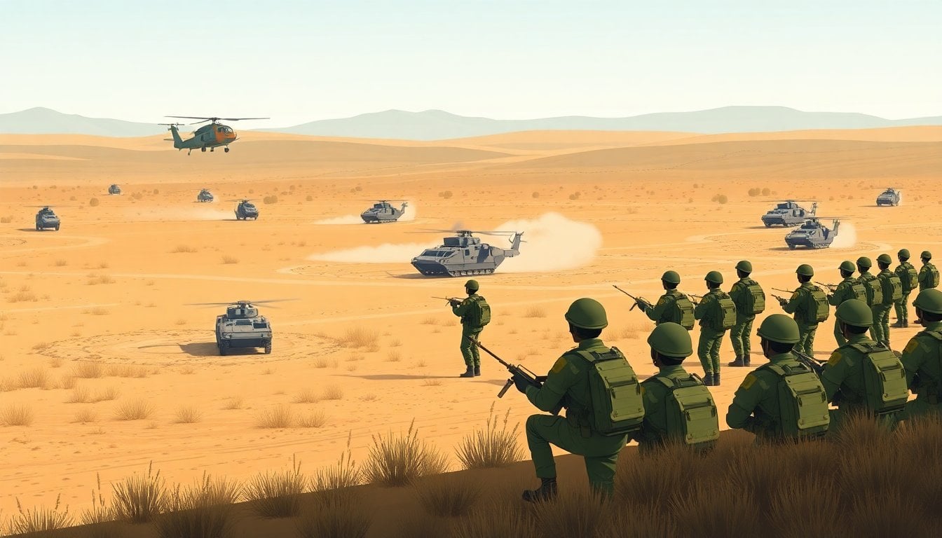 Argentine military exercise field with soldiers in formation, helicopters and armored vehicles visible, Córdoba province landscape, daylight