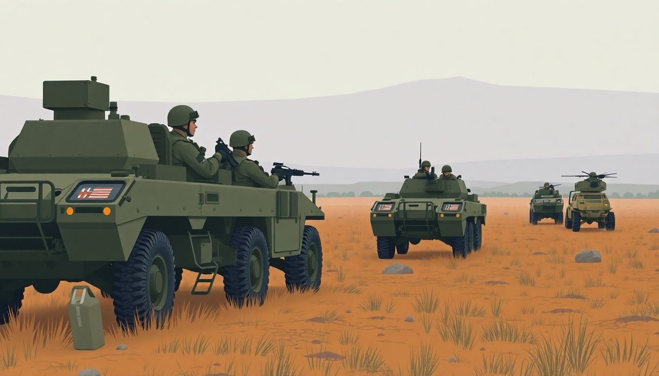 military joint training exercise soldiers in field Córdoba Argentina, tactical deployment, ground operations, wide shot with armored vehicles