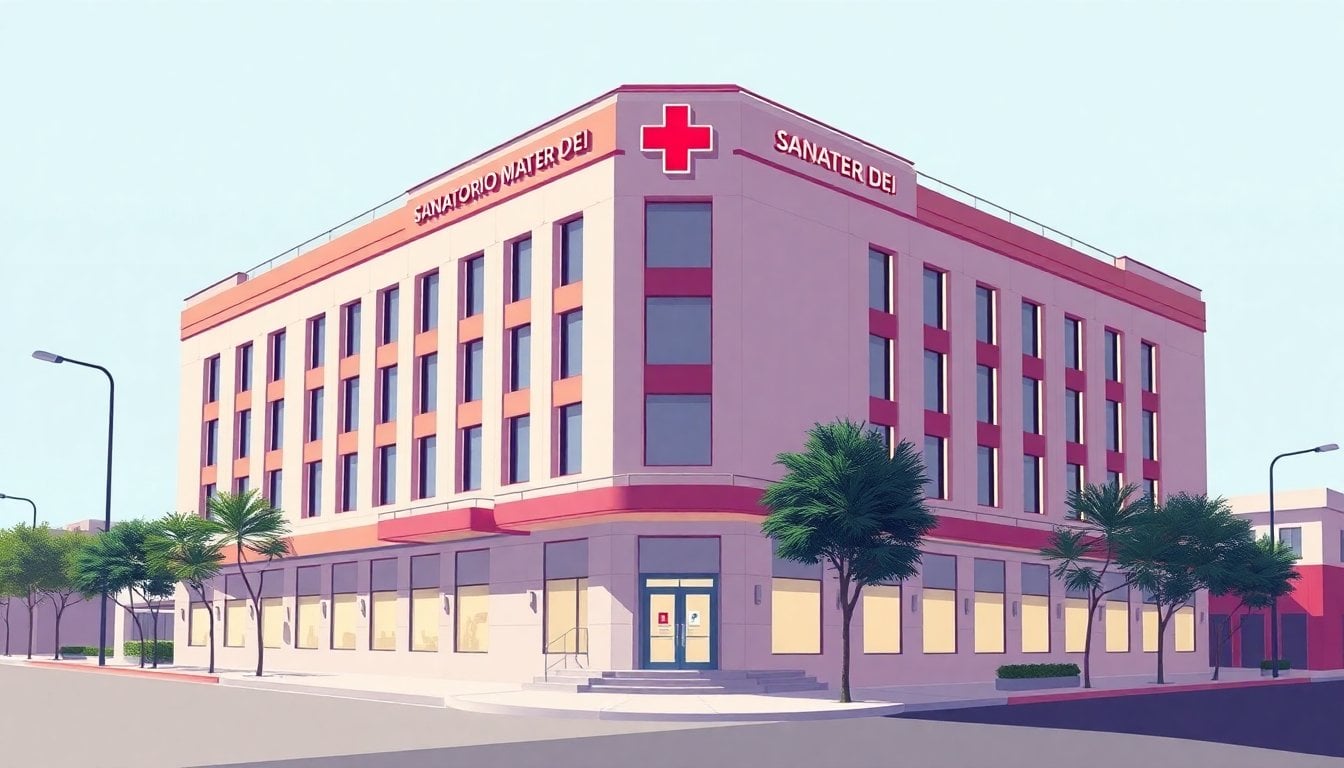 Sanatorio Mater Dei facade in Buenos Aires, modern medical building exterior, daylight, no people