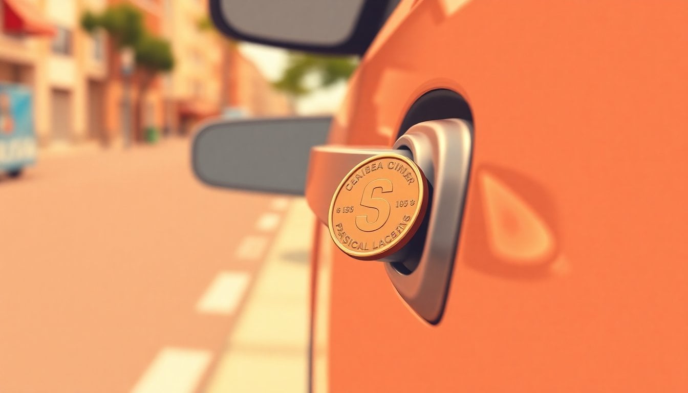 close-up of a coin wedged into a car door handle latch, street background, daylight, shallow depth of field