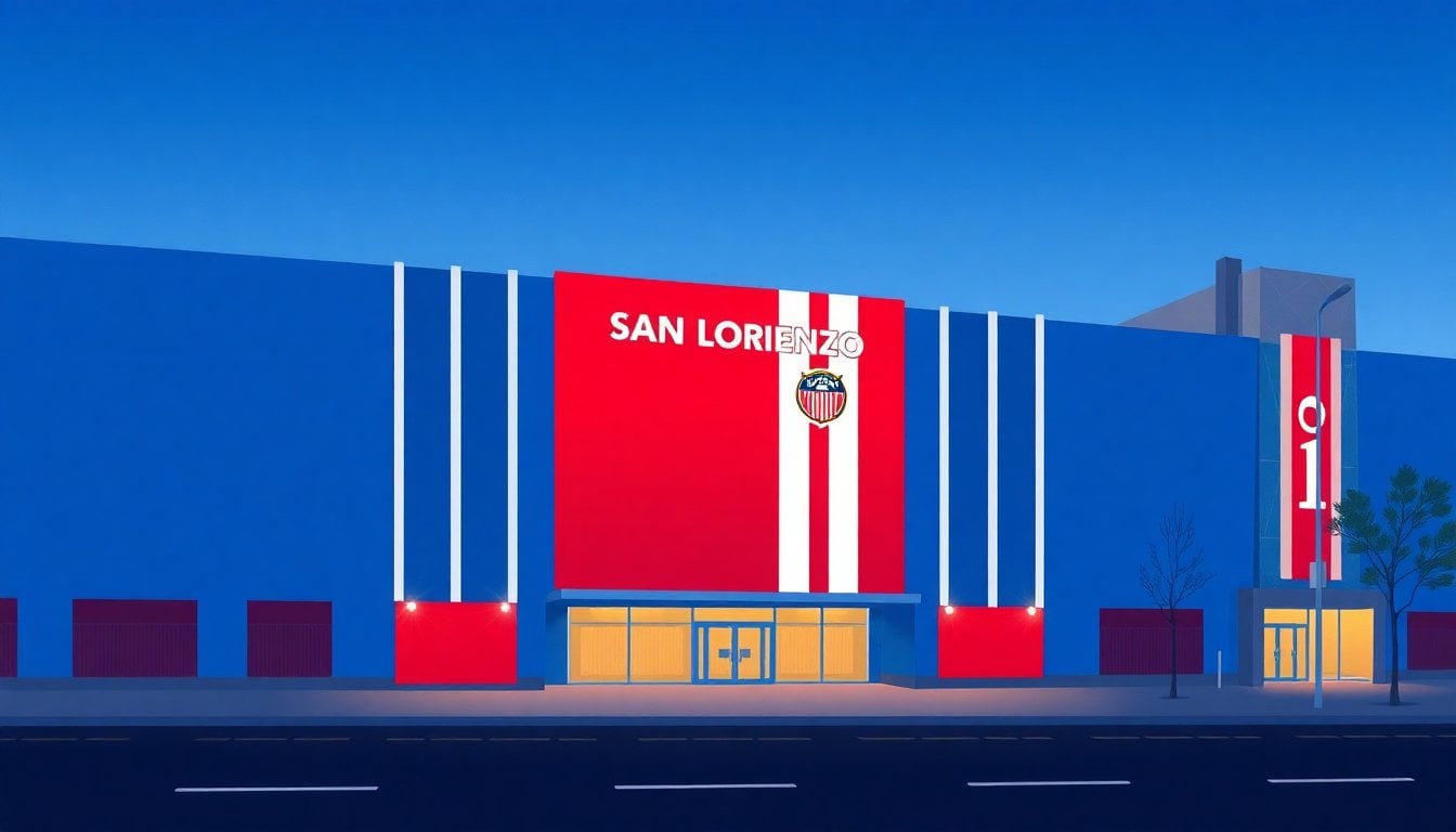 San Lorenzo club headquarters exterior in Buenos Aires, blue and red walls, evening light, quiet street, no people visible