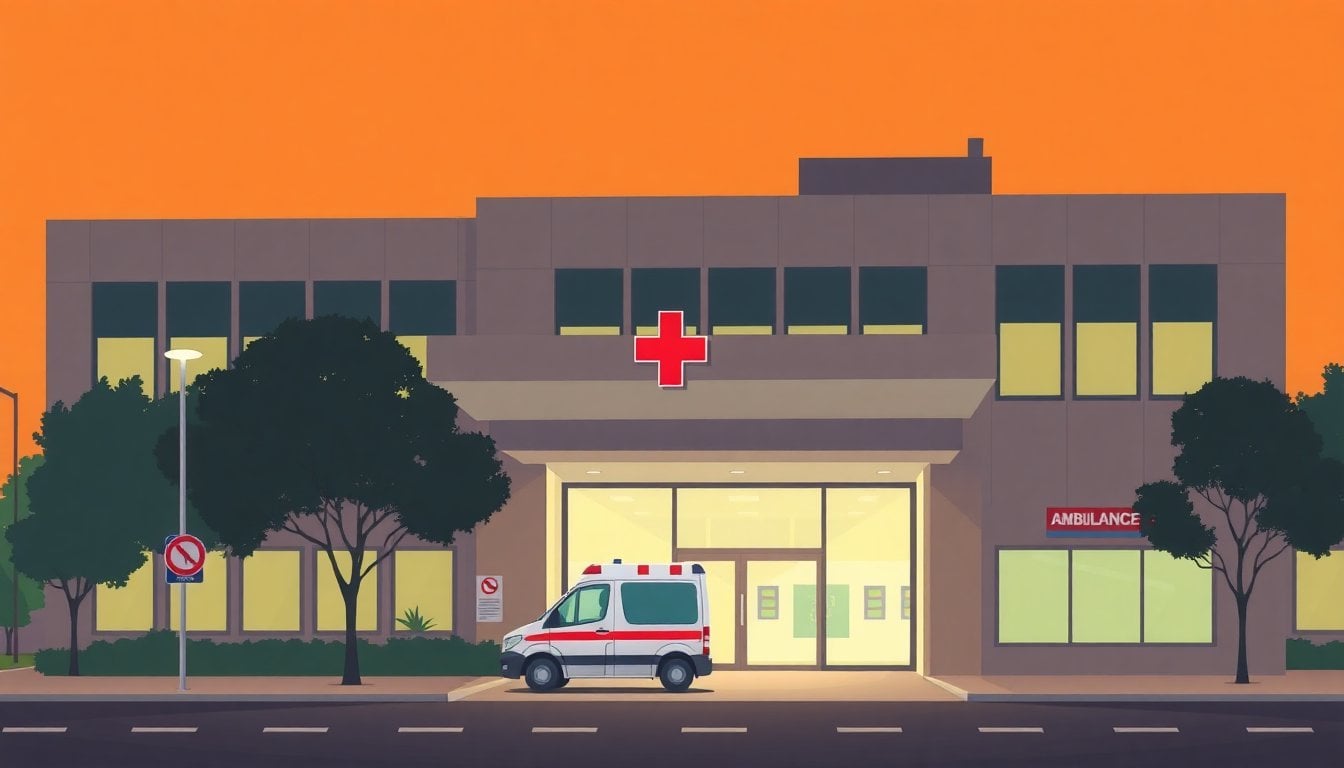 hospital emergency entrance at night, illuminated red cross sign on facade, ambulance bay, no people in foreground