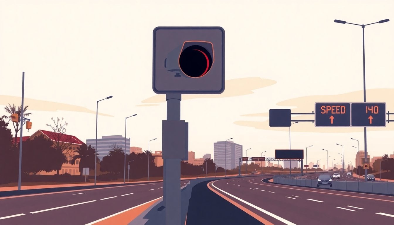 traffic sign and speed camera on Buenos Aires provincial highway, overcast sky, no people visible, close-up on road signage
