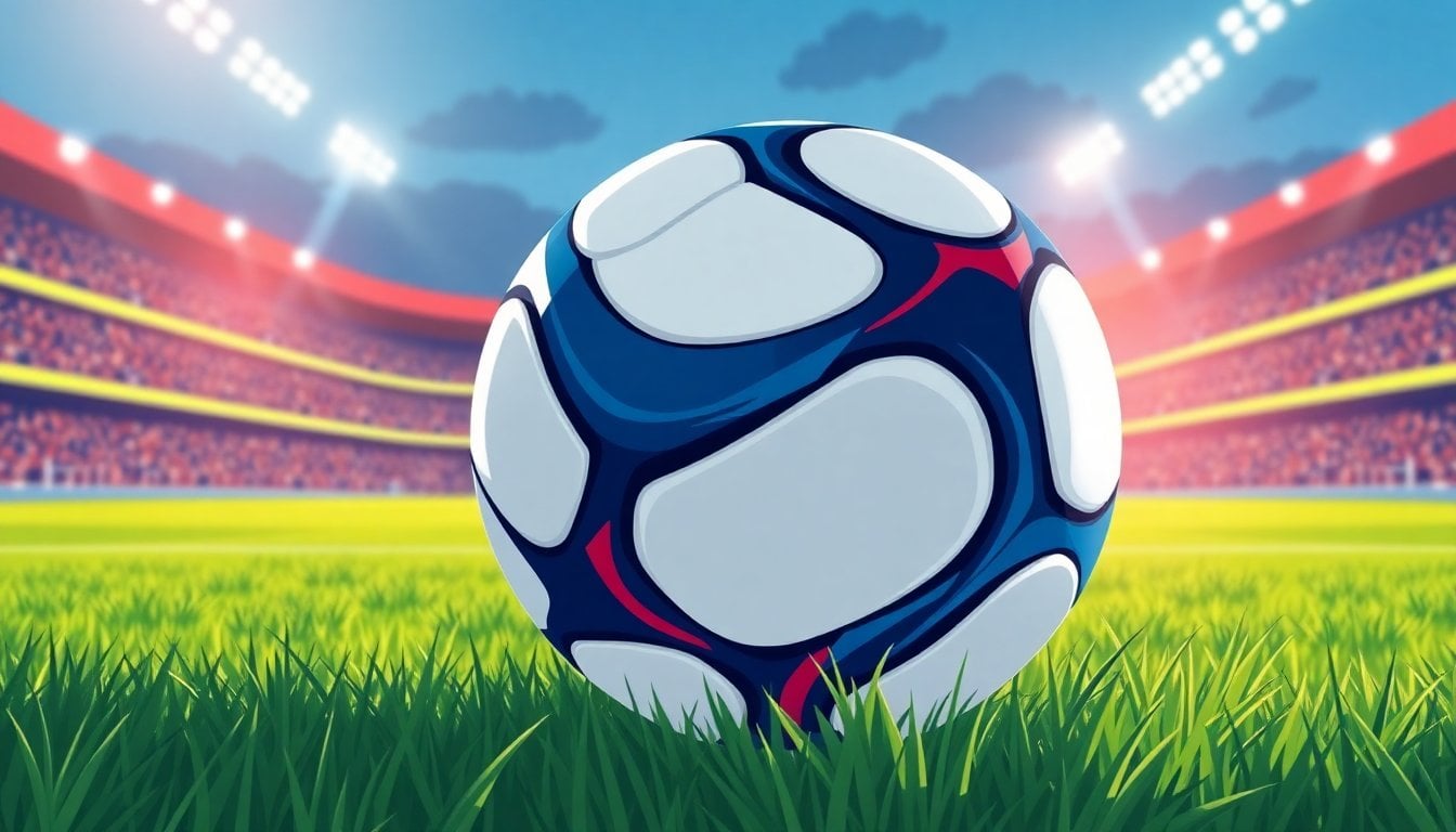 FIFA World Cup 2026 official match ball on grass field, stadium lights in background, no people visible