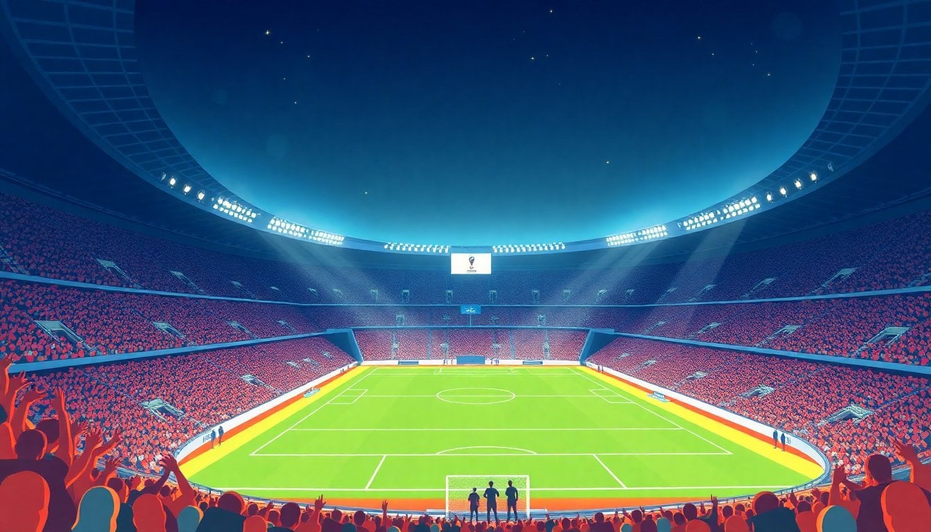 FIFA World Cup 2026 stadium interior during night match, field illuminated, crowd filling stands, scoreboard visible