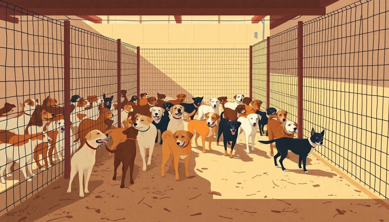 dozens of stray dogs in a shelter yard in Argentina, wire fences, dirt floor, afternoon light, no people visible