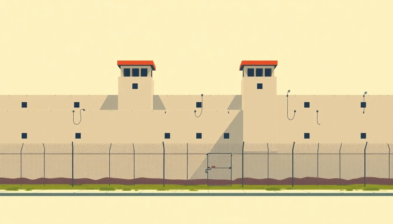 exterior of a provincial Argentine prison facility, concrete walls and guard towers, daylight, no people visible