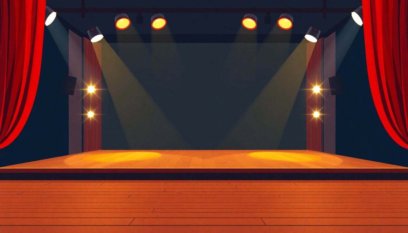 empty theater stage with warm spotlights, wooden boards visible, red curtain partially open, no people