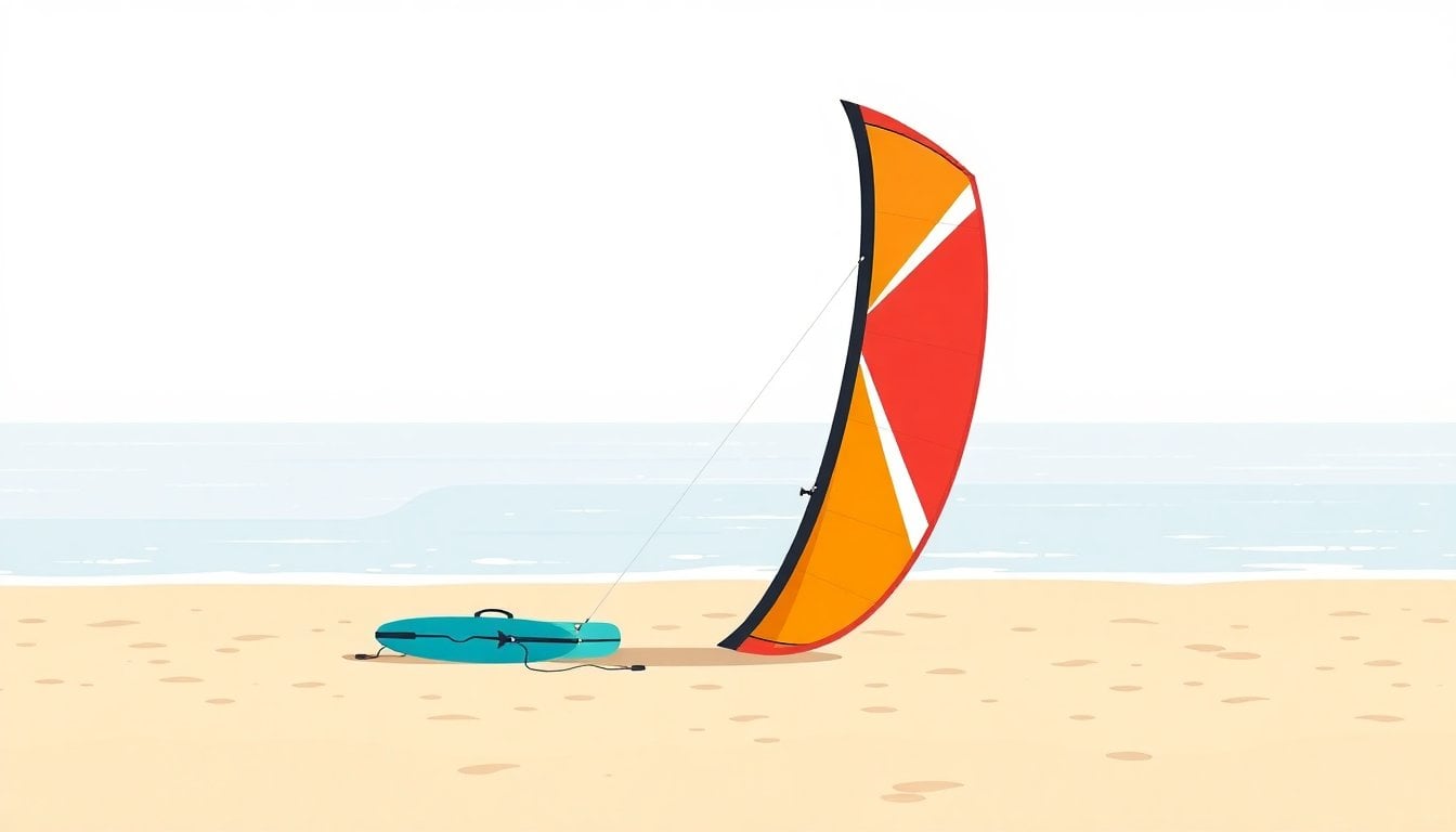 kitesurf equipment on shore of Argentine lagoon, colorful kite on sandy beach, calm water in background, no people visible