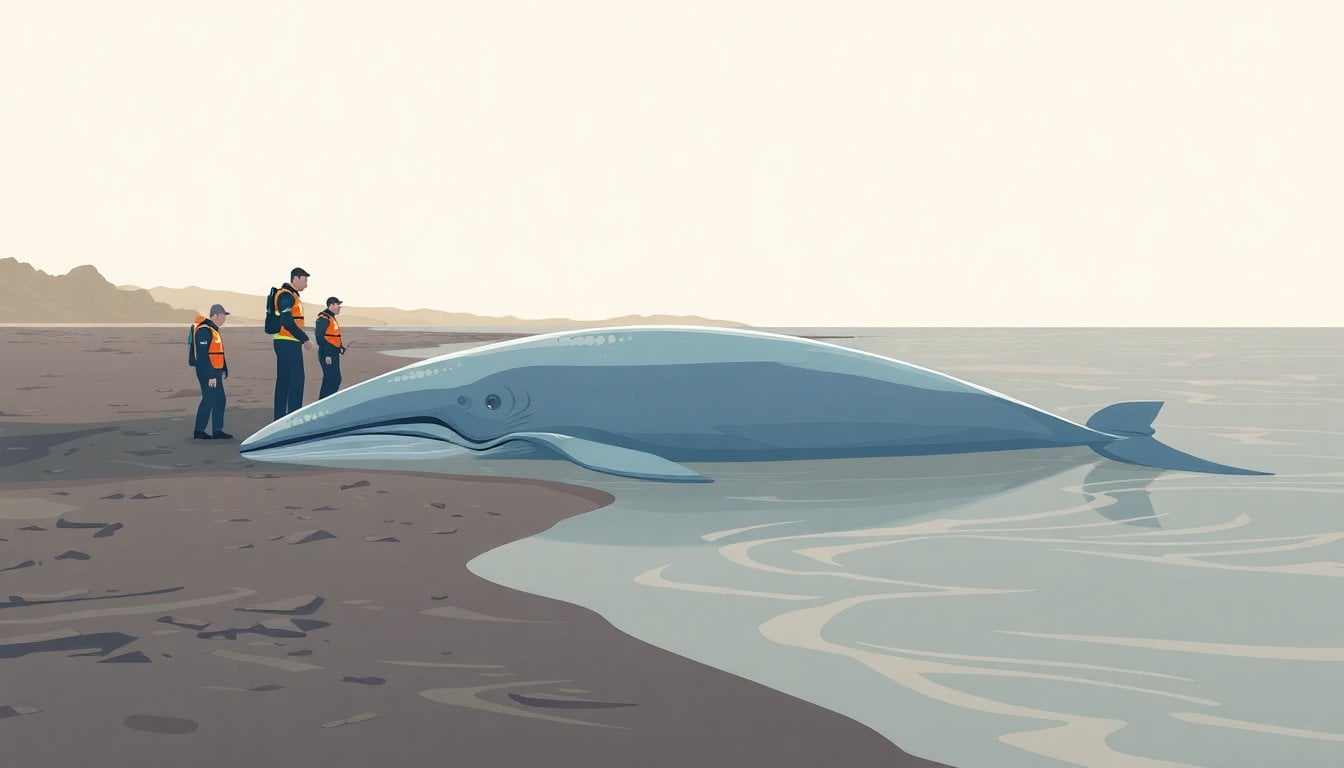 dead sei whale stranded on muddy riverbank with rescue workers in wetsuits, Buenos Aires coastal area, overcast sky