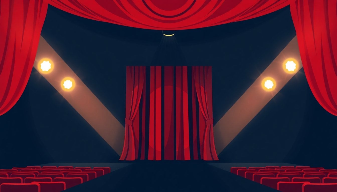 empty theater stage with red velvet curtains and a single spotlight, dramatic mood, no people visible