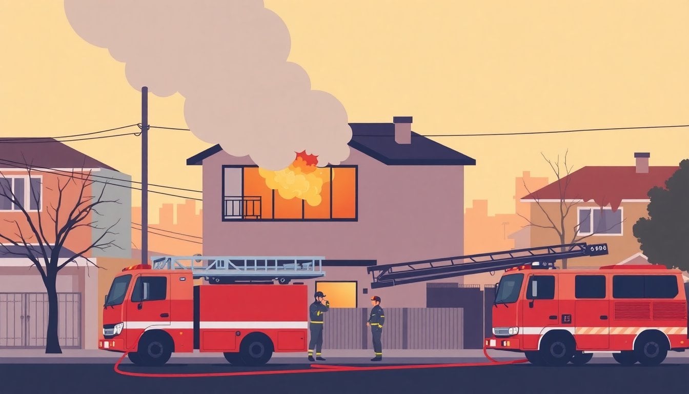 firefighters operating at house fire scene in suburban Buenos Aires, smoke rising from building, fire trucks and hoses visible, no faces