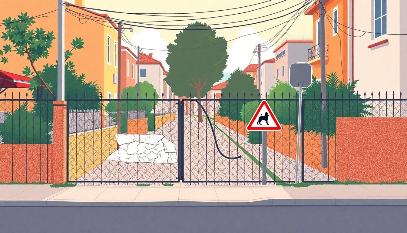 Argentine neighborhood street with a broken fence and a warning sign for dangerous dog, daytime, no people