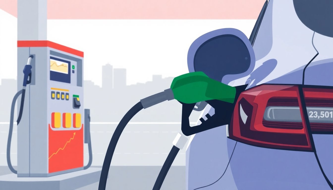 car refueling at Argentine gas station, fuel pump nozzle inserted in tank, price display visible on pump, daylight, no people in foreground