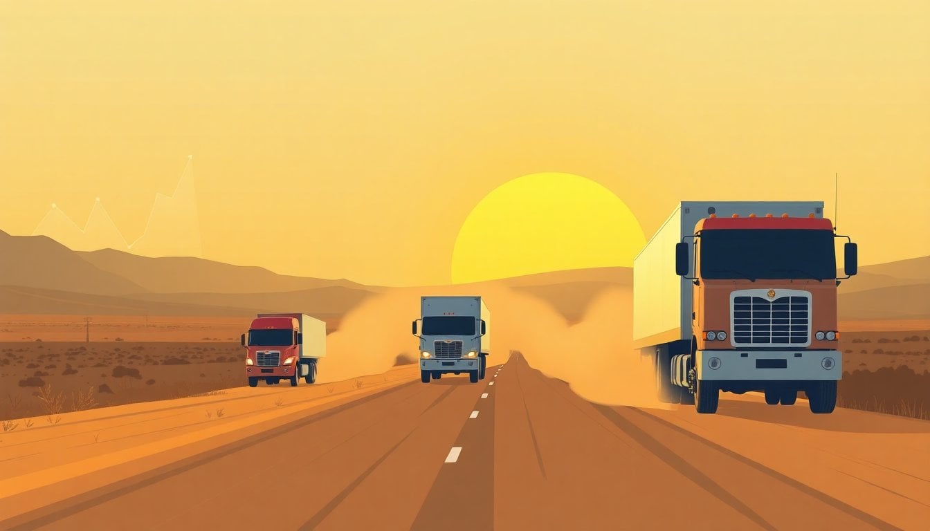 Vaca Muerta oil field road in Neuquén Patagonia, heavy trucks on dusty unpaved route, industrial infrastructure, wide landscape, golden hour