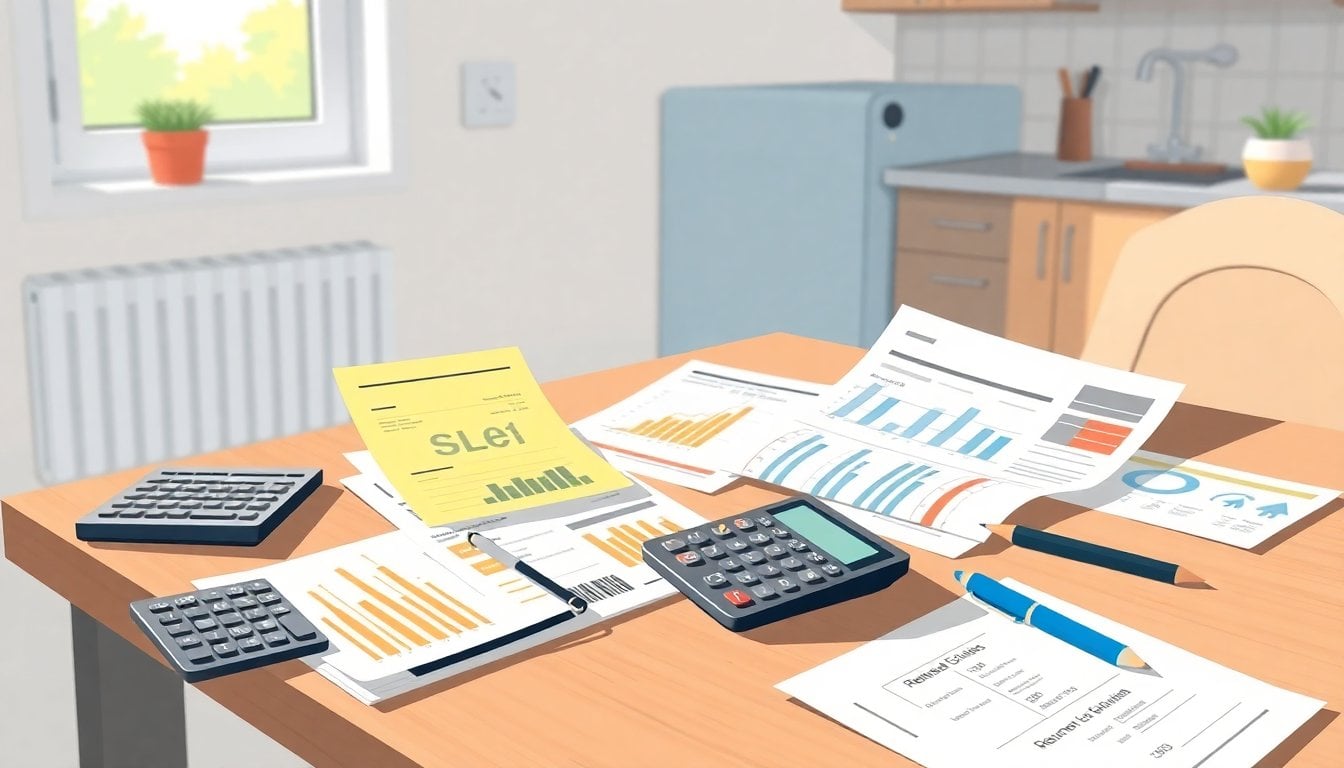 Argentine household bills spread across a kitchen table with electricity, gas and transport receipts, calculator, notebook and pen, daylight through window