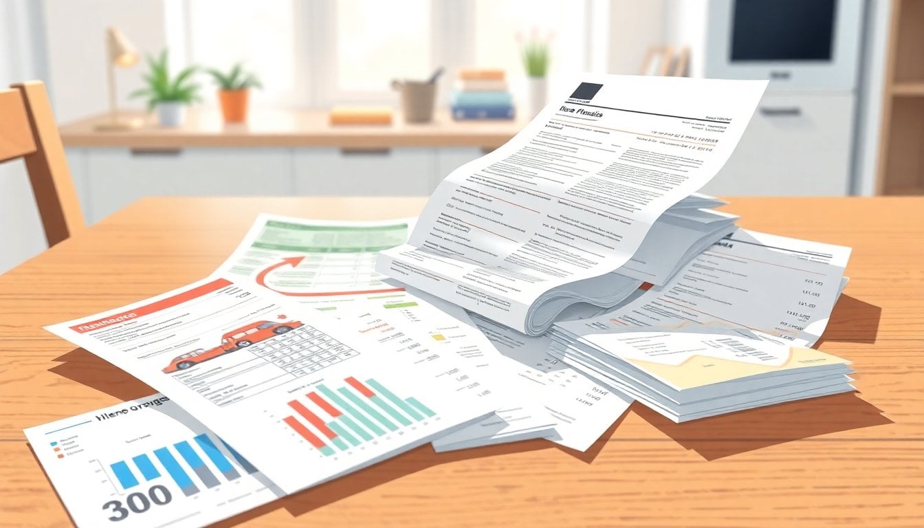 Argentine household bills spread on a kitchen table, transport card, pharmacy receipts, school invoice, and utility statements, close-up, daylight