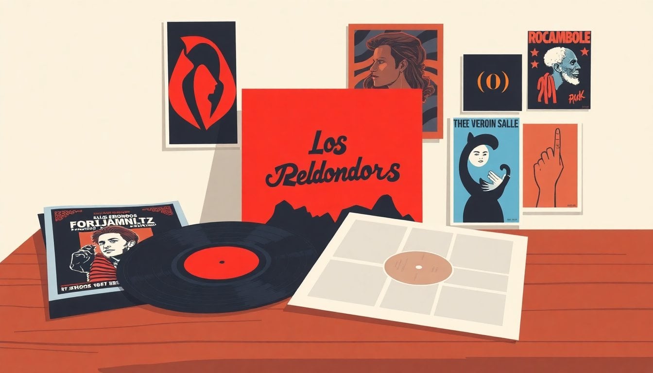 vintage vinyl record sleeve of Los Redondos album Oktubre, red and black Rocambole artwork, concert posters and rock memorabilia on a wooden table