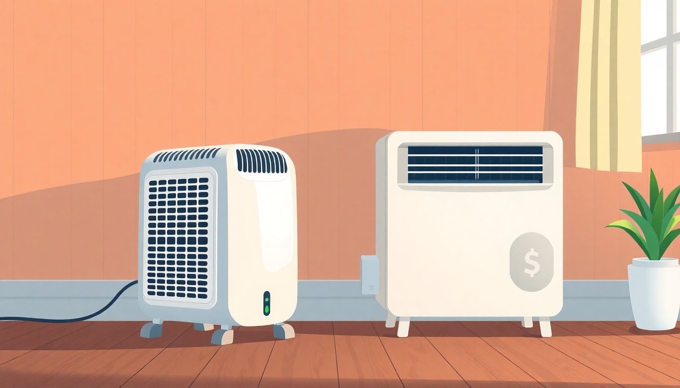 electric space heater and air conditioner side by side on a wooden floor, warm indoor lighting, no people visible, product comparison style