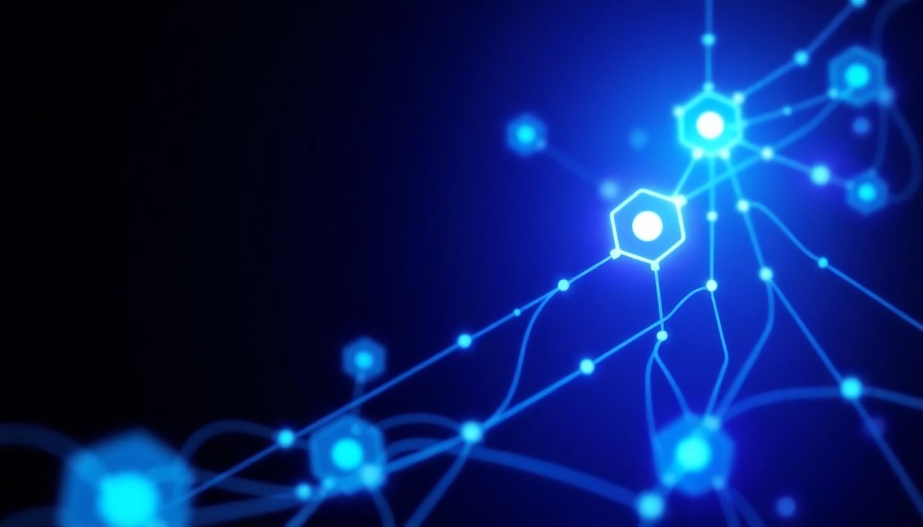 abstract digital network visualization with glowing nodes and data streams, dark background, blue and white light, no people visible