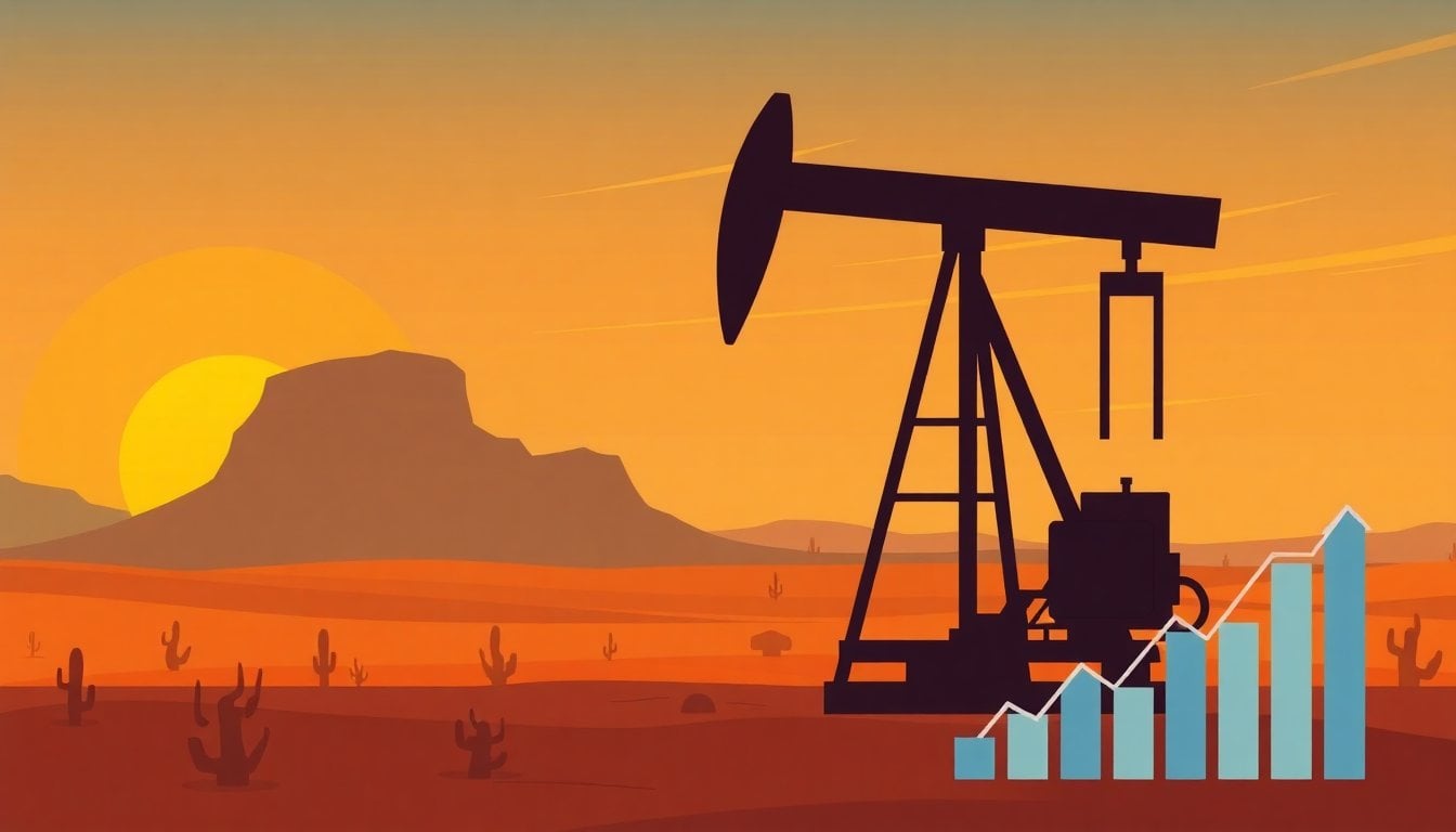 oil pump jack in desert landscape at sunset, crude oil production facility, golden light, no people visible