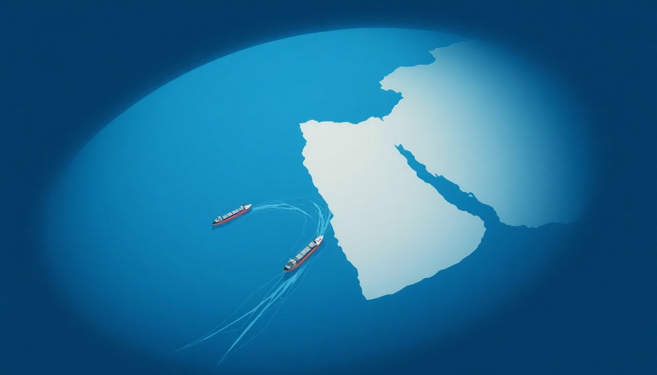 Strait of Hormuz aerial view from satellite, narrow waterway between Iran and Oman, tanker ships passing through blue waters