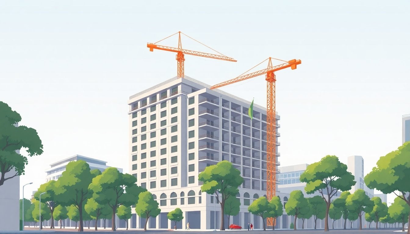 large hotel construction site in Palermo Buenos Aires, crane above a city block, unfinished concrete structure, surrounding tree-lined streets, daytime