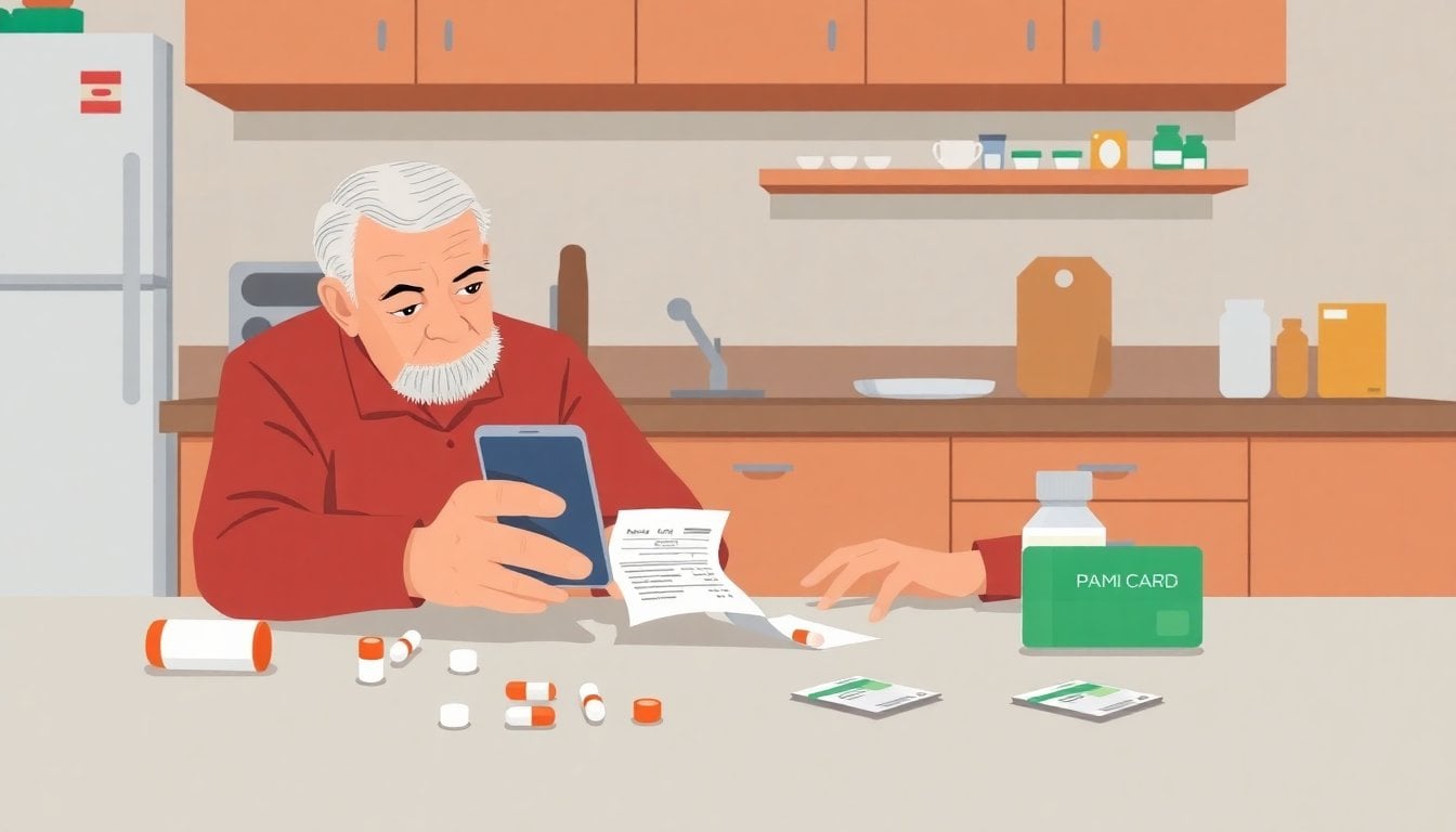 elderly Argentine man checking a medicines receipt on a smartphone next to pharmacy pills and a PAMI card on a kitchen table