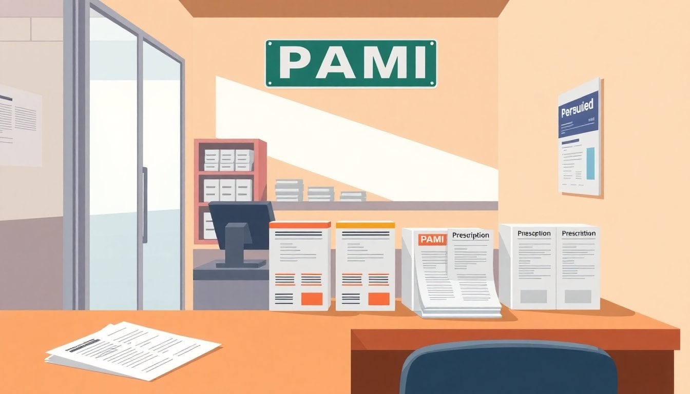 Argentine PAMI office counter with medication boxes, prescription forms, and a pension booklet on a desk, daylight, no people visible