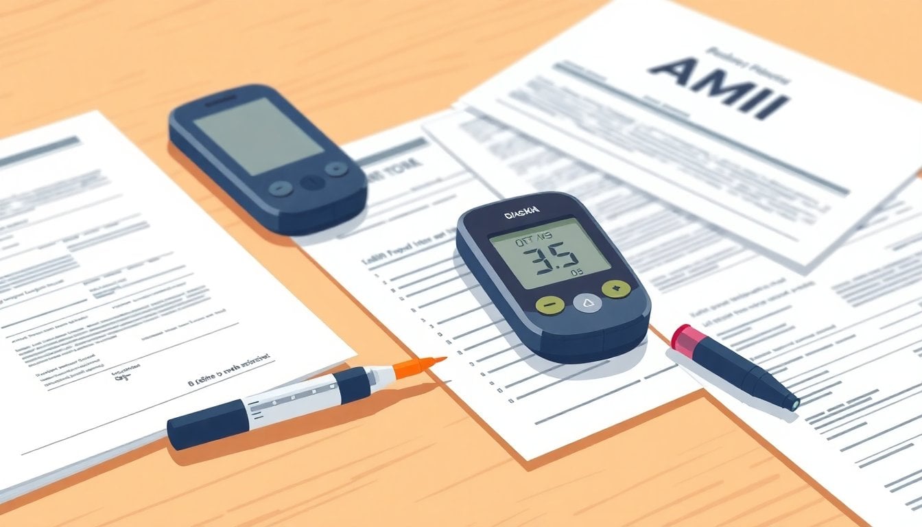 close-up of diabetes testing supplies on a table, blood glucose meter, insulin pen, prescription paper, and PAMI office paperwork in a clinical setting