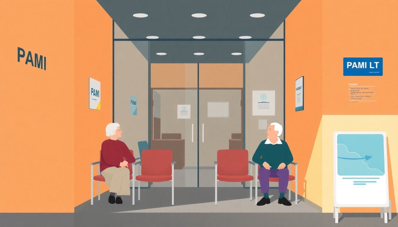 PAMI office entrance with waiting room chairs and appointment signs, Argentine senior citizens clinic setting, daytime, realistic editorial scene