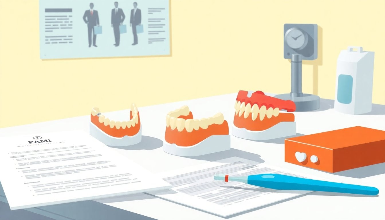 close-up of dental prosthesis models and PAMI paperwork on a clinic desk, white background, medical forms and toothbrush nearby, no people visible