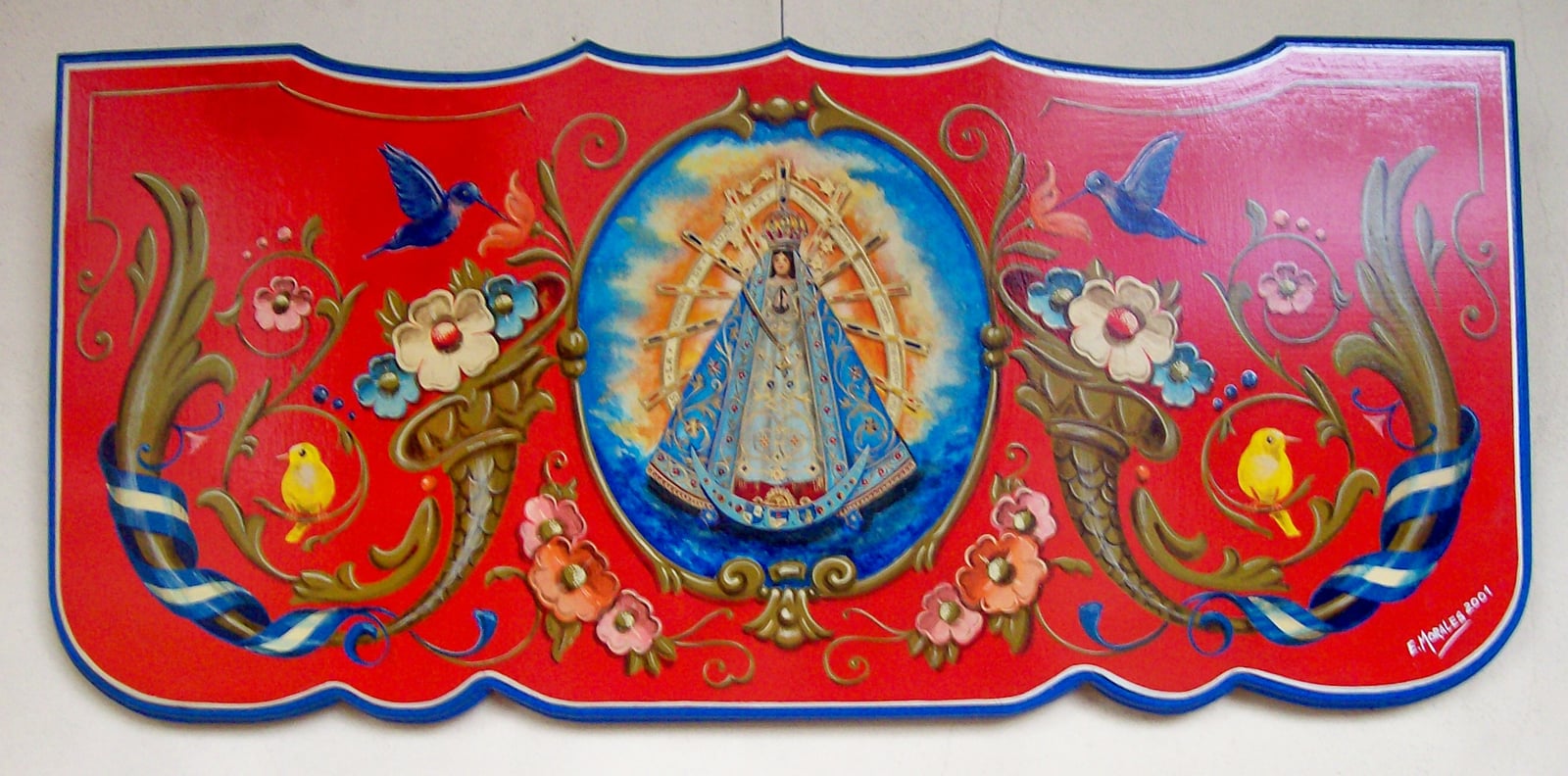 Fileteado porteño: Virgen de Luján, en el Centro Cultural Marcó del Pont, en el barrio de Flores, ciudad de Buenos Aires. Autor Edgardo Morales (2001)