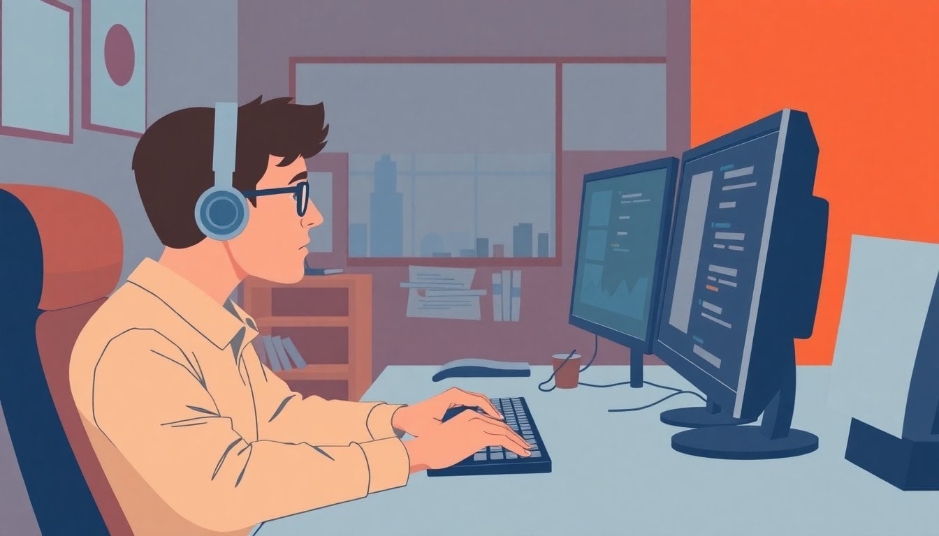 person sitting at desk looking at multiple computer screens in a dimly lit room, hands on keyboard, visible eye strain, no face shown, close-up of screens reflecting on glasses