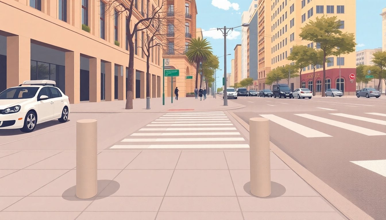 concrete bollards on Buenos Aires sidewalk, stone spheres blocking vehicle access, pedestrian zone, urban street furniture