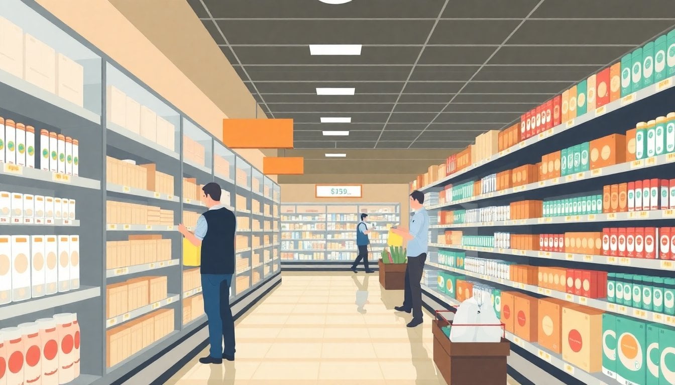 Argentine supermarket aisle with price tags on shelves and workers stocking products, Buenos Aires, natural light