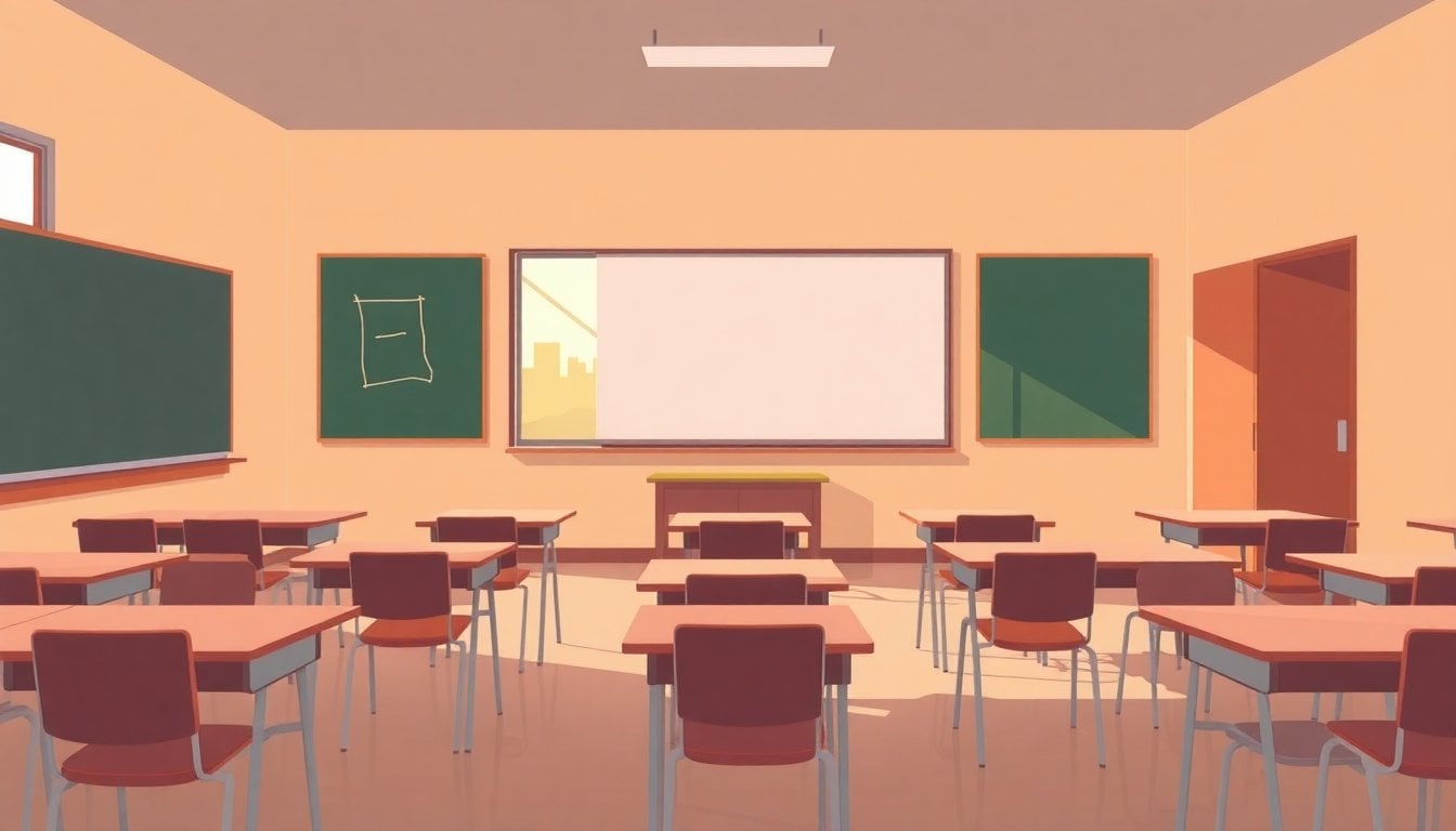 empty school classroom with desks and chairs, chalkboard with no writing, natural daylight through windows, Buenos Aires province