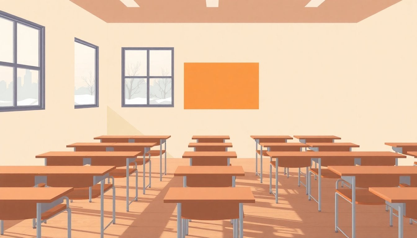 empty school classroom in Patagonia, wooden desks arranged in rows, large window with grey winter sky, no students present