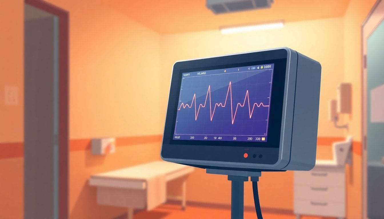 close-up of heart rate monitor screen showing elevated pulse, hospital cardiology ward background, soft clinical lighting