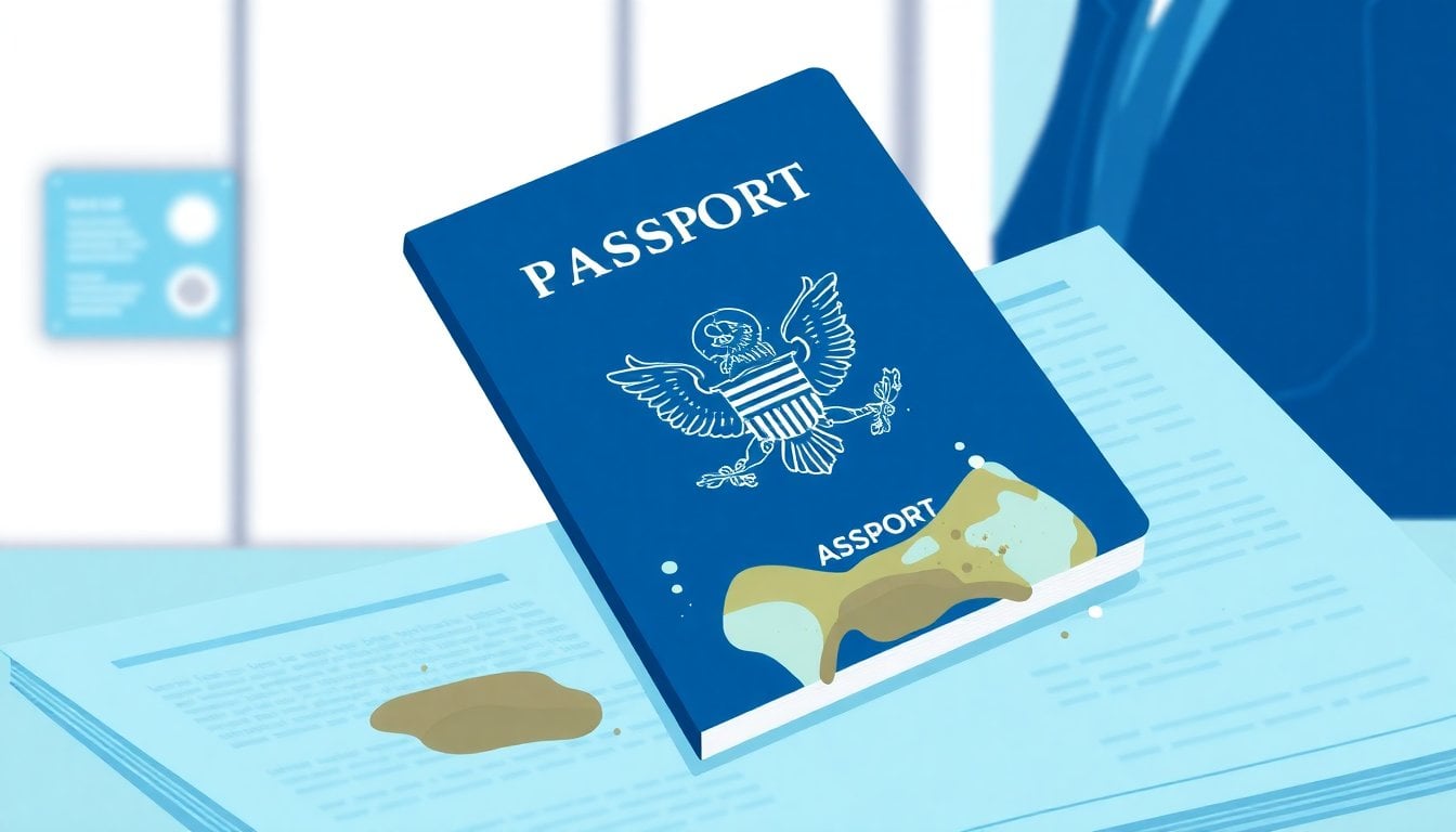 United States passport with water stain damage on cover and pages, close-up on blue document, blurred consulate office background
